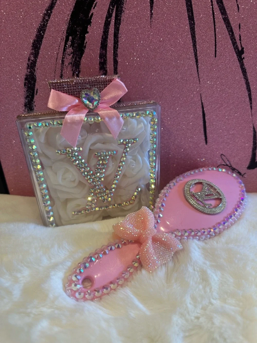 Pink Jeweled Hair Brush & Decorative Box Set